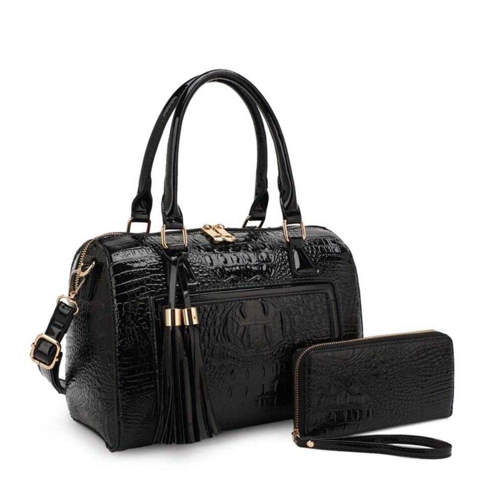 2-IN-1 Boston Crocodile Print Tassel Satchel Bag With Wallet Set